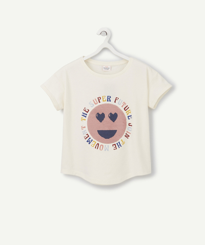 T-shirt Rayon - T-SHIRT FILLE EN COTON BIO ÉCRU AVEC SMILEY EN SEQUINS ET MESSAGE