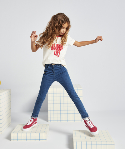 Back to school collection radius - GIRLS' BLUE LOW-IMPACT SKINNY DENIM TROUSERS WITH PATCHES