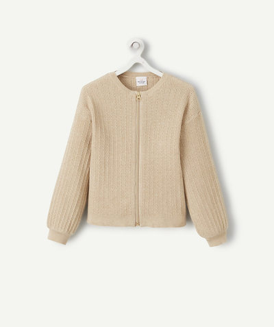 Pullover - Cardigan radius - GIRL'S BEIGE KNITTED ZIP-UP CARDIGAN WITH GOLD OPENWORK