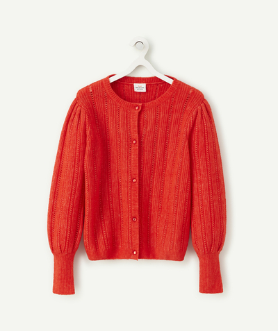 Pullover - Cardigan radius - GIRLS' RED RECYCLED FIBRE CARDIGAN WITH OPENWORK