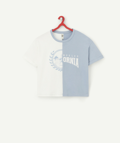 T-shirty - Koszulki Sous Rayon - BIAŁO-NIEBIESKI T-SHIRT DLA DZIEWCZYNKI Z BAWEŁNY BIO Z PODWÓJNYM WZOREM