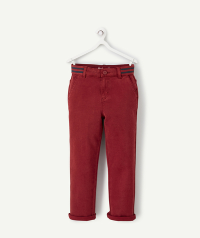 Our latest looks radius - BOYS' BURGUNDY RELAXED-FIT TROUSERS IN ECO-FRIENDLY VISCOSE WITH STRIPED WAISTBAND