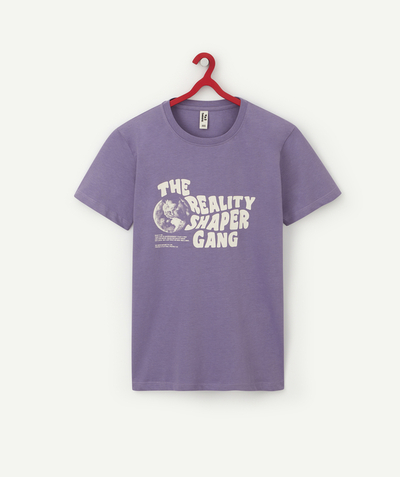 T-shirt  radius - BOYS' VIOLET ORGANIC COTTON T-SHIRT WITH A MESSAGE AND A PLANET