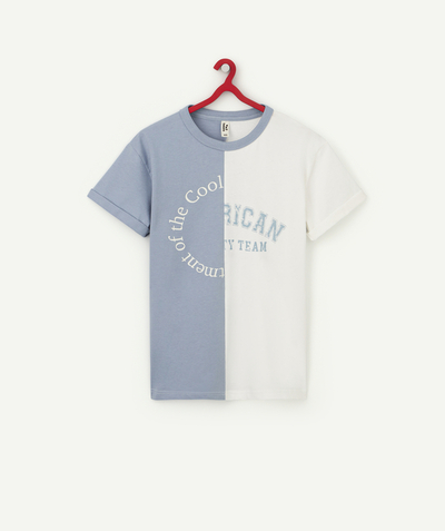 T-shirt Onderafdeling,Onderafdeling - WIT-BLAUW T-SHIRT VOOR JONGENS VAN BIOKATOEN MET DUBBELE PRINT