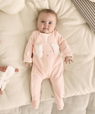 Pyjamas family - PINK VELVET SLEEP SUIT WITH RABBIT EARS IN RELIEF