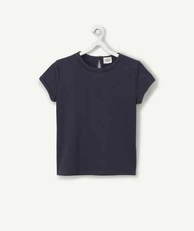 T-shirt Rayon - T-SHIRT BLEU FILLE EN COTON BIO AVEC DÉTAILS AJOURÉS