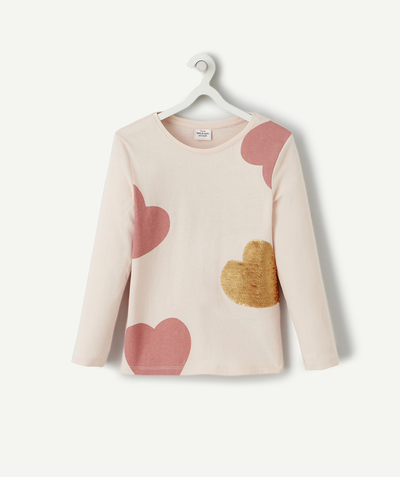 Tee-shirt radius - GIRLS' PINK ORGANIC COTTON SHIRT WITH HEARTS AND SEQUINS