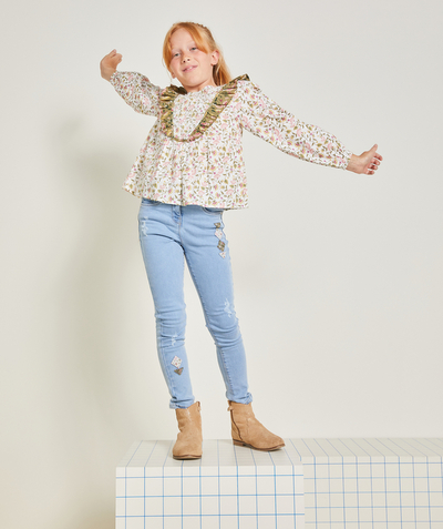 Back to school collection radius - GIRLS' SKY BLUE LOW-IMPACT SKINNY DENIM TROUSERS WITH FLORAL PATCHES