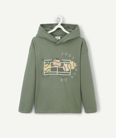 T-shirt  radius - BOYS' TENNIS-THEMED GREEN ORGANIC COTTON HOODED T-SHIRT
