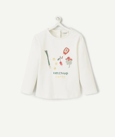 T-shirt radius - BABY GIRLS' CREAM ORGANIC COTTON T-SHIRT WITH KETCHUP PARTY THEME