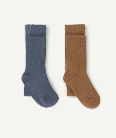 Tights and socks family - PACK OF TWO PAIRS OF GIRLS' BROWN AND BLUE RIBBED TIGHTS
