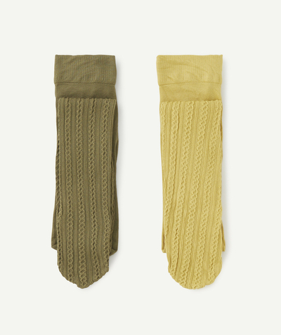 Tights and socks family - SET OF TWO PAIRS OF GIRLS' YELLOW AND KHAKI TIGHTS WITH OPENWORK DETAILS