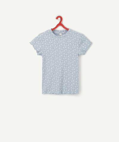 Tee-shirt radius - GIRLS' BLUE FLORAL RIBBED ORGANIC COTTON T-SHIRT