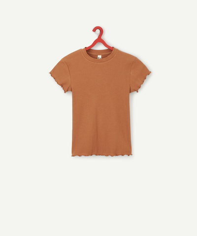 Tee-shirt radius - GIRLS' RIBBED BROWN ORGANIC COTTON T-SHIRT WITH SCALLOPED TRIM