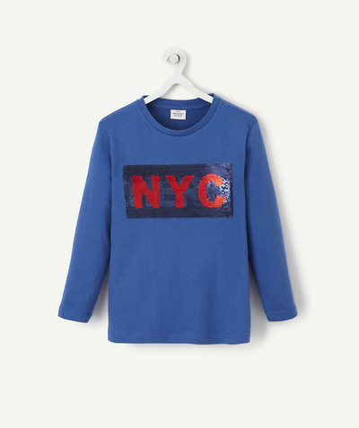Boy radius - BLUE T-SHIRT WITH REVERSIBLE SEQUINS IN ORGANIC COTTON
