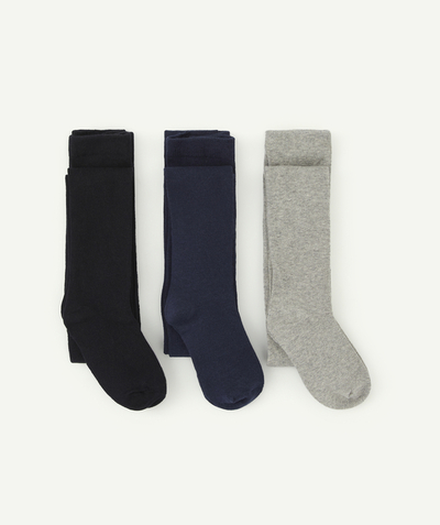 Tights and socks family - SET OF THREE PAIRS OF PLAIN GREY, BLACK AND NAVY KNITTED TIGHTS FOR GIRLS