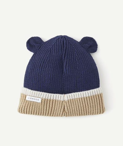 Baby-boy radius - GINA BEANIE IN NAVY BLUE AND BEIGE ORGANIC COTTON RIBBED KNIT WITH BEAR EARS