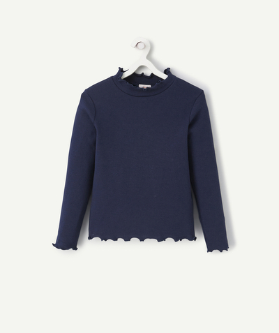 Nice price radius - GIRLS' NAVY RIBBED ORGANIC COTTON ROLL NECK JUMPER WITH SCALLOPED DETAILS