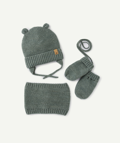 Baby-boy radius - BABY BOYS' GREEN KNITTED BEANIE, MITTENS AND NECK WARMER SET IN RECYCLED FIBRES