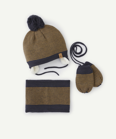 Baby-boy radius - BABY BOYS' NAVY BLUE AND OCHRE STRIPED SET IN RECYCLED FIBRES