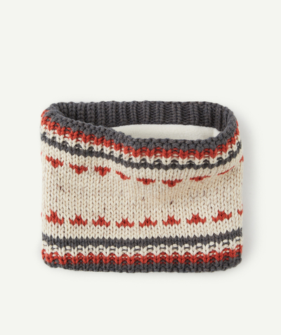 Baby-boy radius - BABY BOYS' BEIGE AND GREY KNITTED NECK WARMER IN RECYCLED FIBRES WITH MOTIFS