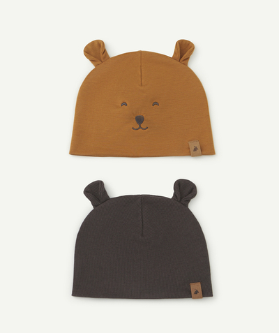 Baby-boy radius - SET OF TWO BABY BOYS' OCHRE AND GREY HATS WITH EARS