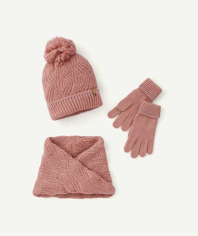 Girl radius - PINK KNITTED BEANIE, NECK WARMER AND GLOVES SET IN RECYCLED FIBRES