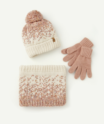 Girl radius - GIRLS' KNITTED SET IN ECRU AND PINK RECYCLED FIBRES WITH COLOURED GLITTER DETAILS