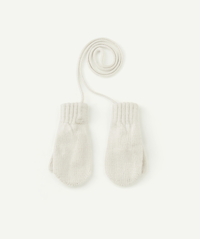 Girl radius - A PAIR OF GIRLS' CREAM MITTENS KNITTED IN RECYCLED FIBRES WITH CORDS