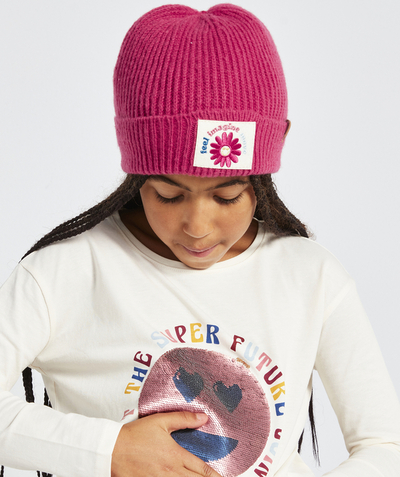 Accessories radius - GIRLS' PINK KNITTED HAT WITH FLORAL PATCH AND SLOGANS
