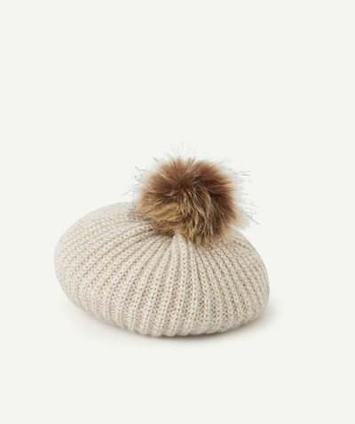 Girl radius - GIRLS' BERET IN BEIGE RECYCLED FIBRES WITH FAUX FUR POMPOM