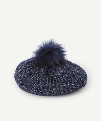 Girl radius - GIRLS' NAVY BLUE AND SPARKLY KNITTED BERET WITH POMPOM IN RECYCLED FIBRES