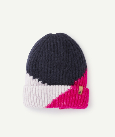 Girl radius - GIRLS' BLUE, PINK AND MAUVE COLOURBLOCK KNITTED BEANIE HAT IN RECYCLED FIBRES
