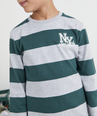 T-shirt  radius - BOY'S GREY MARL AND GREEN STRIPED T-SHIRT WITH EMBROIDERED NEW YORK PATCH