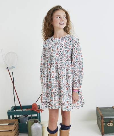 Girl radius - GIRLS' CREAM LONG-SLEEVED DRESS WITH RIBBING AND A FLORAL PRINT