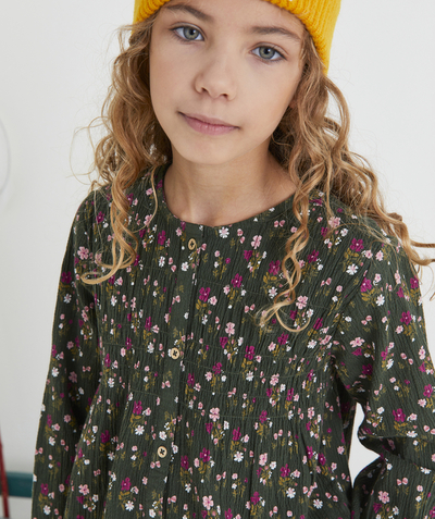 Girl radius - GIRLS' GREEN AND FLORAL PRINT BLOUSE WITH GATHERING AND BUTTONS