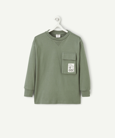 T-shirt  radius - BOYS' GREEN LONG-SLEEVED ORGANIC COTTON T-SHIRT WITH A POCKET AND A PATCH