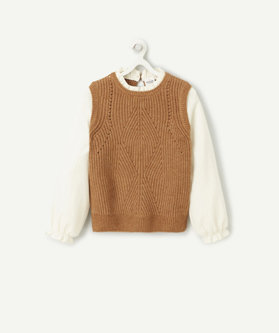 Girl radius - GIRLS' BROWN KNITTED JUMPER, CREAM BLOUSE EFFECT WITH TRIM