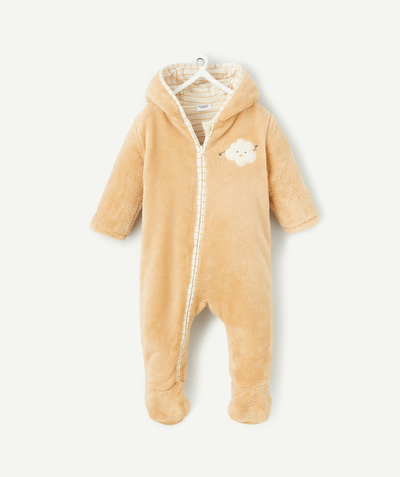 Sleepsuit - Pyjama radius - BABIES' BEIGE POLAR FLEECE ONESIE IN RECYCLED FIBRES WITH A CLOUD DESIGN