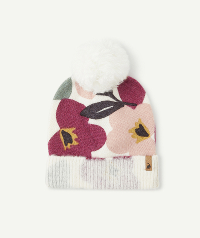 Girl radius - GIRLS' ECRU AND FLORAL PRINT KNITTED BEANIE WITH POMPOM