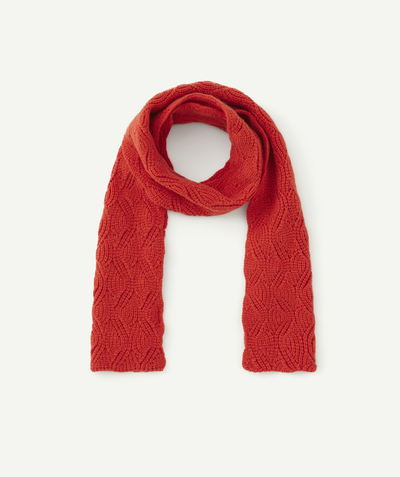Girl radius - GIRLS' KNITTED SCARF IN RED RECYCLED FIBRES WITH A CABLE PATTERN