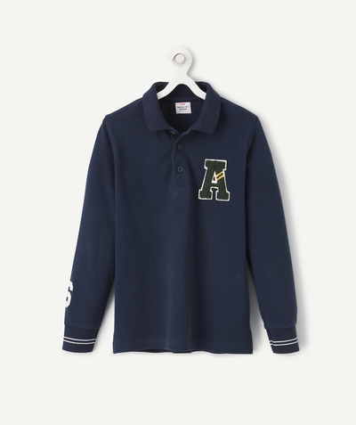 Boy radius - BOYS' NAVY BLUE ORGANIC COTTON POLO SHIRT WITH A BOUCLE LETTER PATCH