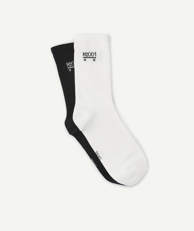 Teen boys' clothing radius - PACK OF 2 PAIRS OF BOYS' BLACK AND WHITE LONG SOCKS WITH MOTIFS IN ORGANIC COTTON