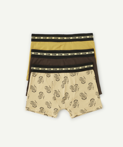 DIM ® Onderafdeling,Onderafdeling - PACK OF 3 PAIRS OF BOYS' FASHION STRETCH COTTON BOXER SHORTS IN MUSTARD AND ANIMAL PRINT