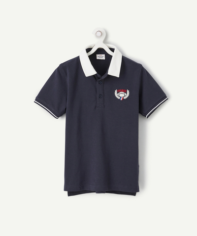 T-shirt  radius - BOYS' NAVY BLUE AND WHITE ORGANIC COTTON POLO SHIRT WITH A MESSAGE ON THE BACK