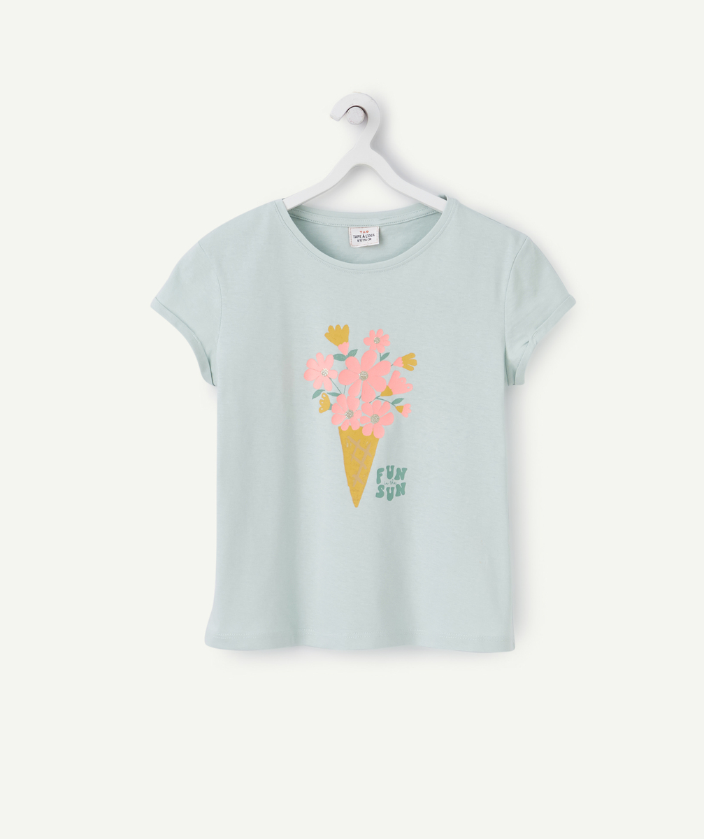 T-shirt fille en coton reyclé vert d'eau avec cornet de fleurs - 5 A