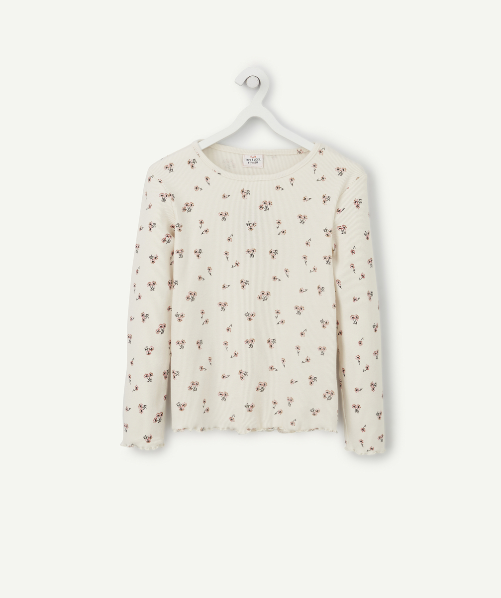 T-shirt côtelé fille en fibres recyclées blanc aux motifs fleurs - 14 A