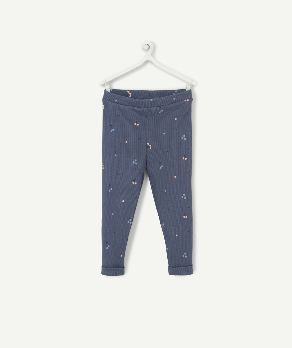 Legging bébé fille en coton bio bleu côtelé avec cerises - 36 M
