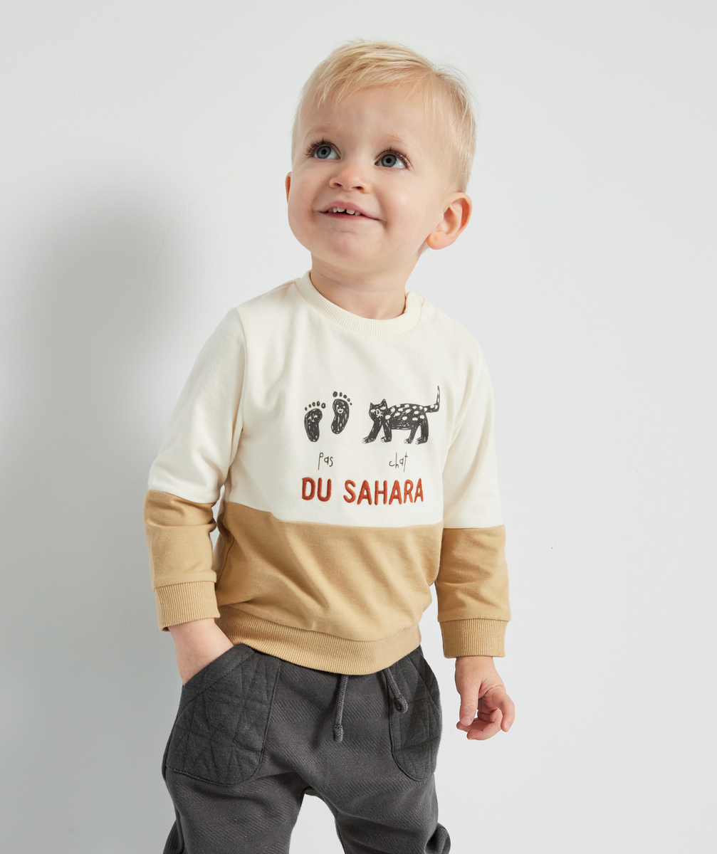 T-shirt bébé garçon en coton bio beige et écru avec message - 6 M