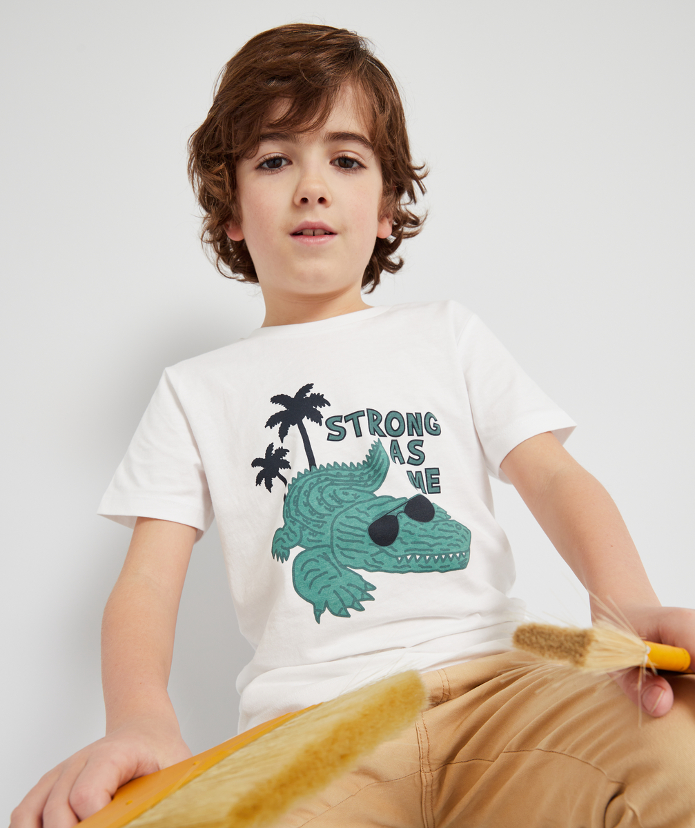 T-shirt garçon en coton bio blanc avec crocodile et message floqués - 4 A